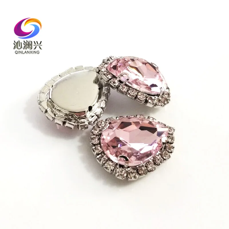 Top Grade Pink Color Glass Crystal Buckle, Drop Shape Sew on Rhinestones, Used for Needlework, Silver Bottom Sewing Accessories