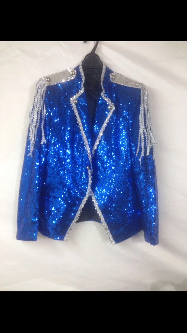 

Freeship 100%real mens royal blue full sequins tuxedo jacket/event/studio/sing/stage performance/jacket/can customs size