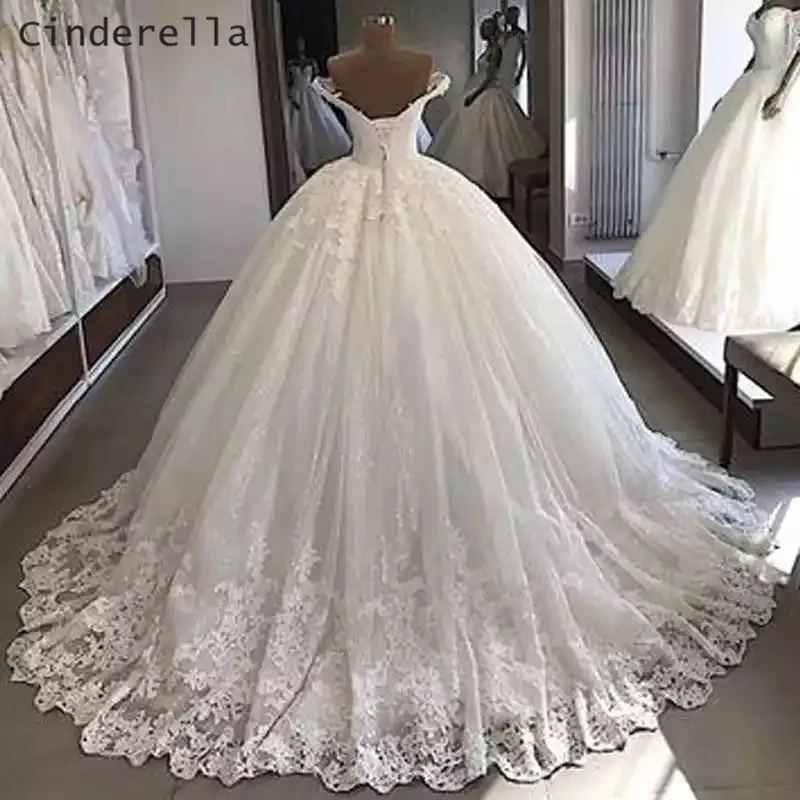 Vestido de novia de encaje con lentejuelas de tul, vestido de baile de Princesa con cuello en V, longitud hasta el suelo, Cenicienta