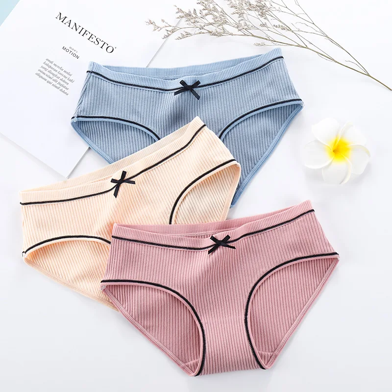 

Panties female 2020 autumn and winter new sexy comfortable thread panties female cute bow large size cotton striped briefs