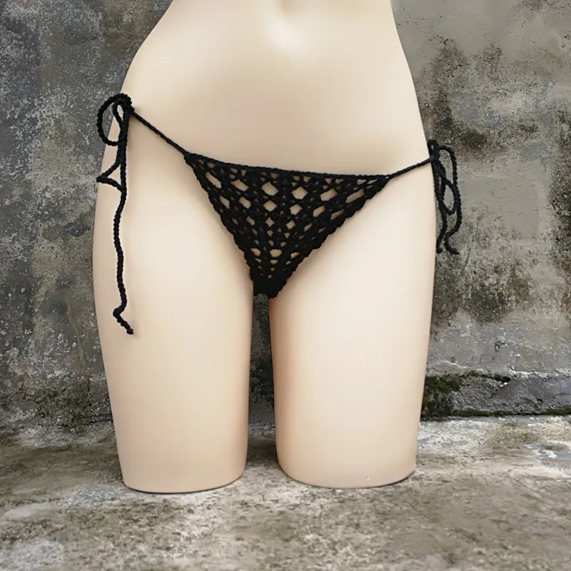 Crochê artesanal micro conjunto de biquíni sexy lingerie conjunto banho banho de sol preto