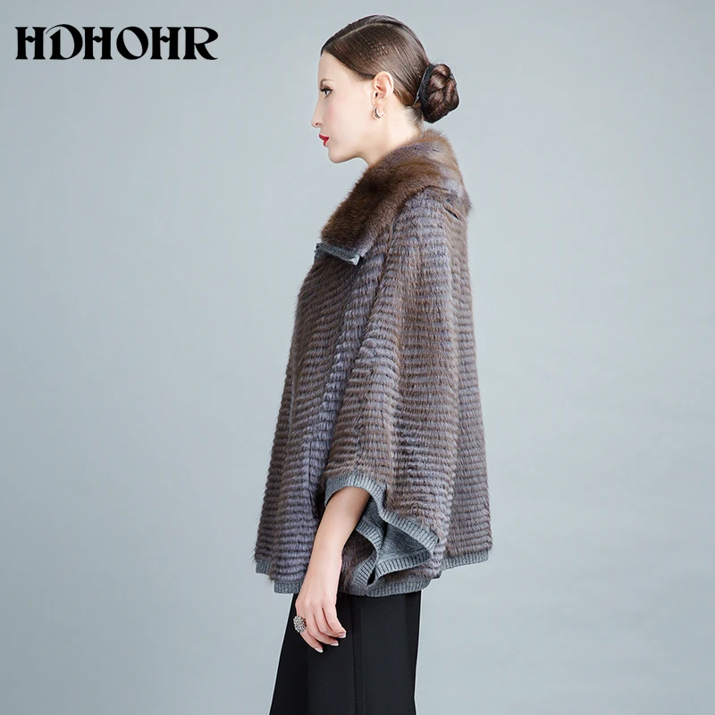 HDHOHR 2024 cappotto di pelliccia di visone lavorato a maglia donna maniche a pipistrello con risvolto moda invernale di alta qualità cappotti di pelliccia di visone reale giacca di pelliccia di grandi dimensioni