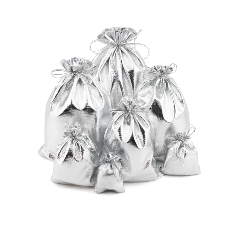 50 pçs/lote tecido banhado prata ouro jóias malotes com cordão para sacos de presente de casamento grande embalagem de jóias 15x20cm 17x23cm