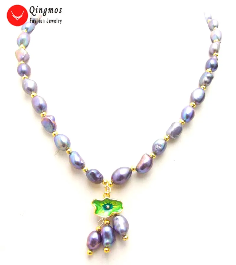 

Qingmos 7-9mm Baroque Natural Black Pearl Necklace for Women Jewelry with Lotus Leaf Pendant Necklace Chokers 17" nec6005