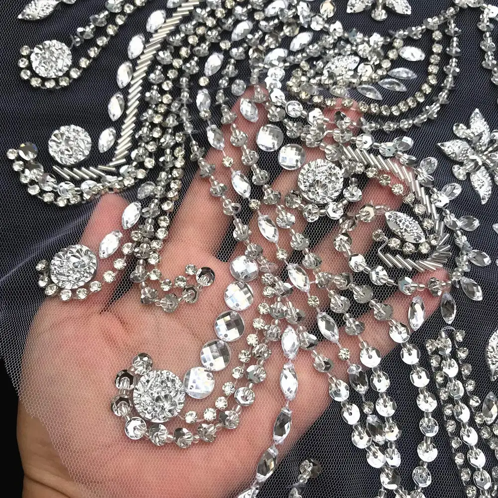 Unique Silver 35x50cm Sew on Sequin Rhinestone Strass Bodice Decorative Patches Appliques For Marriage Bridal Wedding Prom Dress