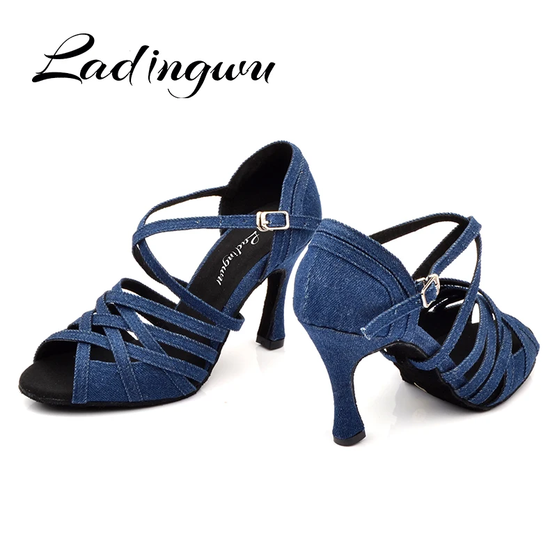 Ladingwu Women Dance Shoes Latin Salsa Tango Blue Denim Dance Shoes Woman\'s Ballroom Paty Profession Dance Shoes Cuban heel 9/10