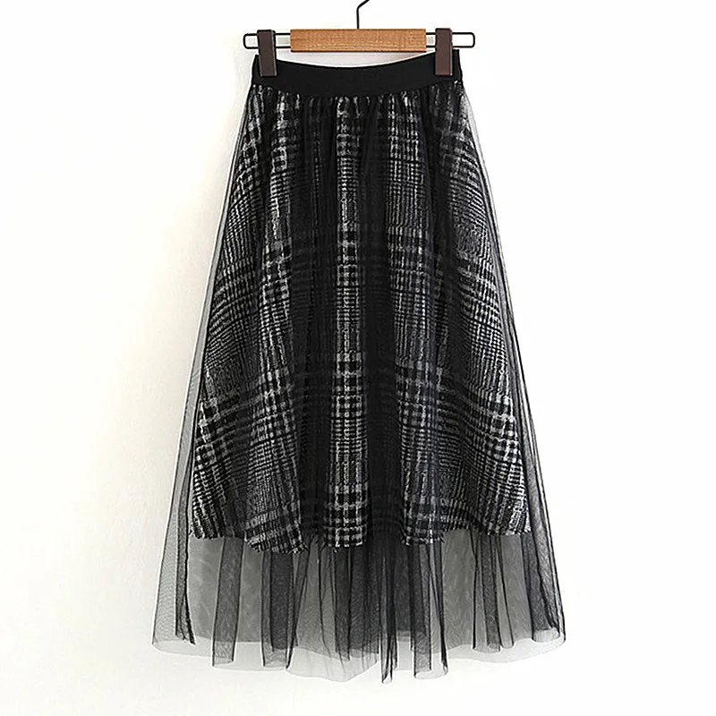 

2018 Women Mesh tulle Skirt High Waist Female A-Line Cotton Skirt Mid-Calf Female Plaid Saia Spring Summer Casual Streetwear