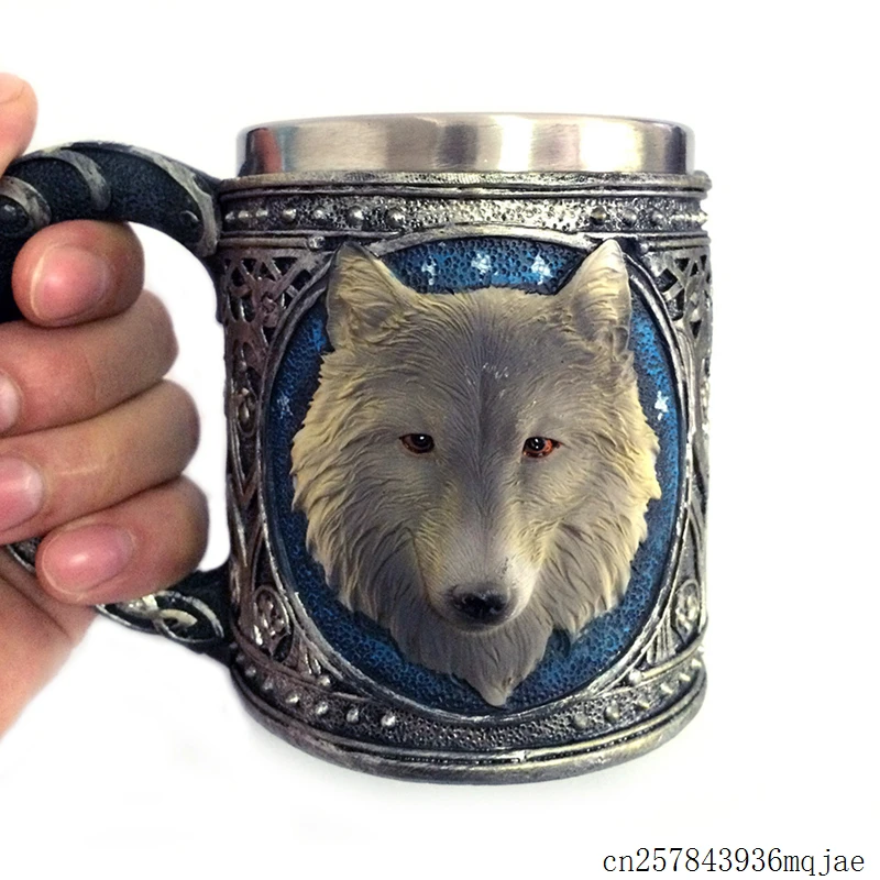 10pcs 3D Wolf Mugs Cartoon Animal Lone Wolf King Drinking Cup Tea Beer Coffee Mug Retro Resin Stainless Steel Lining