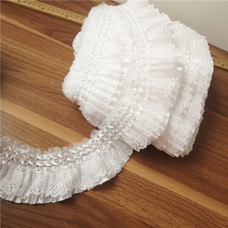 7CM Wide White 3D Lace Applique Embroidery Collar Ribbon Elastic Ruffle Trim Dress Skirts Headwear Sewing DIY Guipure Supplies