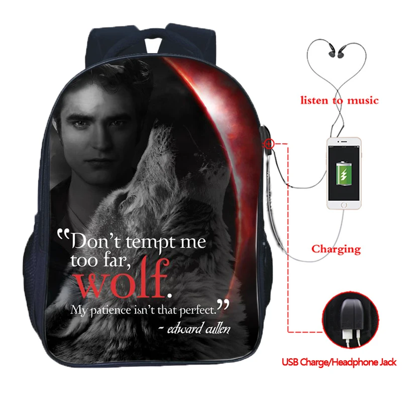 Beautiful Twilight USB Charge Backpack Men Women Boys Girls Rucksack Fashion Backpack Beautiful Edward Cullen knapsack