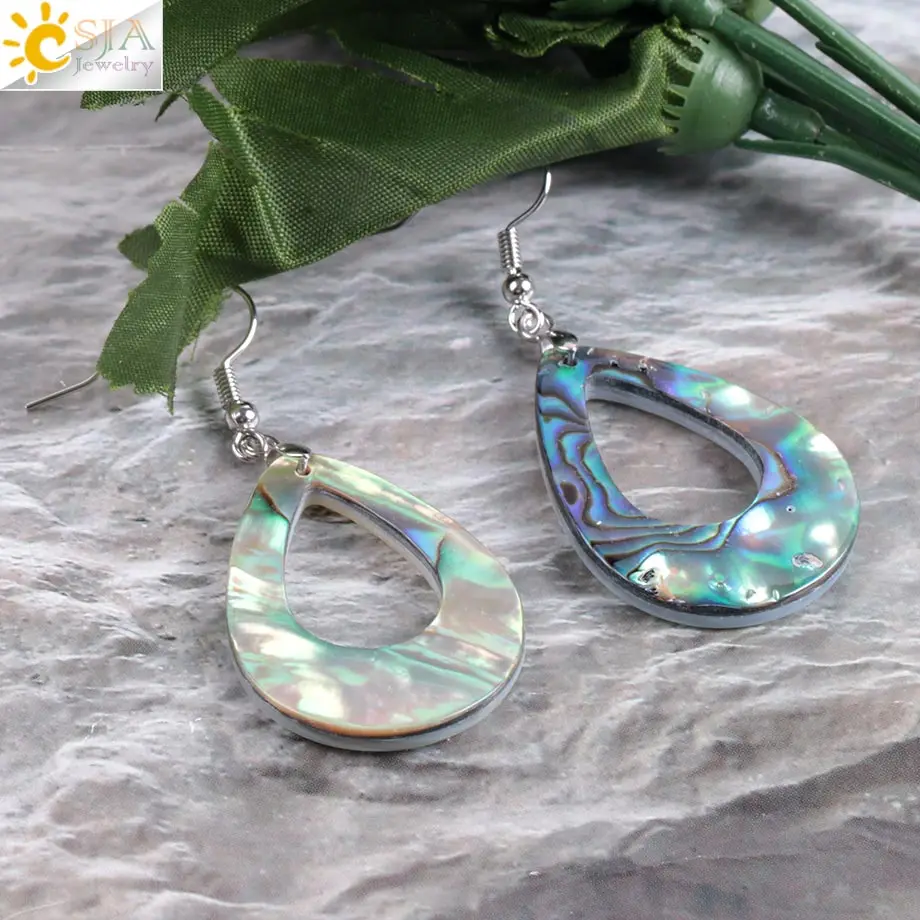 CSJA Natural Abalone Shell Earring Bead Gem Stones Pendant Pear Shape Water Drop Hook Earring for Women Fashion Jewelry E903