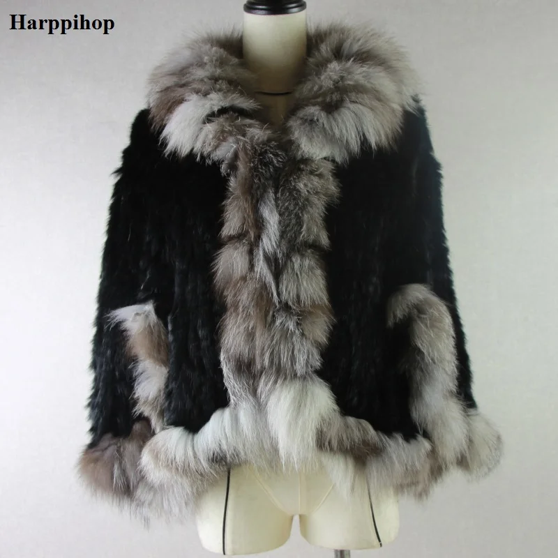 Winter Real Rabbit Fur Poncho For Women Knitted Natural Rabbit Fur Shawl With Genuine silver Fox Fur Collar Pashmina Hot sell