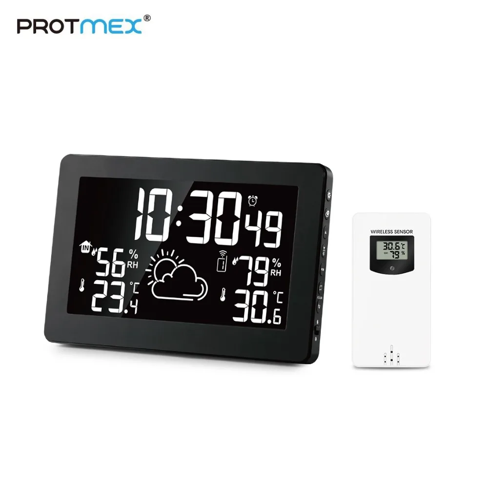 Protmex PT3378A Wireless Weather Station Temperature Humidity Sensor Colorful LCD Display Weather Forecast RCC Clock In/Outdoor