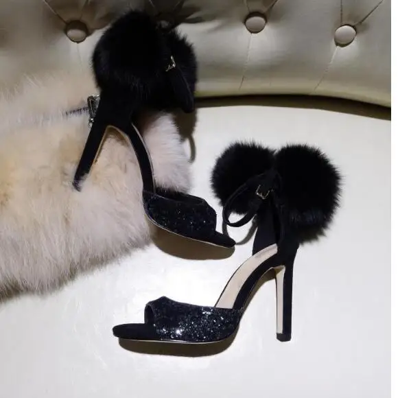 Carpaton Newest Fur Pom-pom Decorations High Heel Sandal 2018 Summer Sexy Peep Toe Ankle Strap Shoes Glitter Embellished Sandal