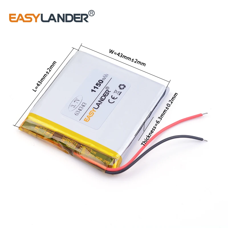 10pcs /Lot 3.7v 634343 1150mah lithium Li ion polymer rechargeable battery MP4 MP5 remote control batteries volume