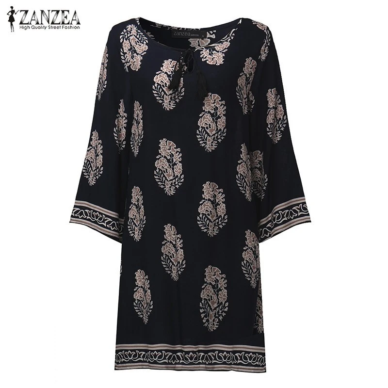 ZANZEA Women Sexy Mini Print Dress 2023 Elegant Retro 3/4 Sleeve Lace Up Long Tops Casual Loose Beach Dresses Vestidos