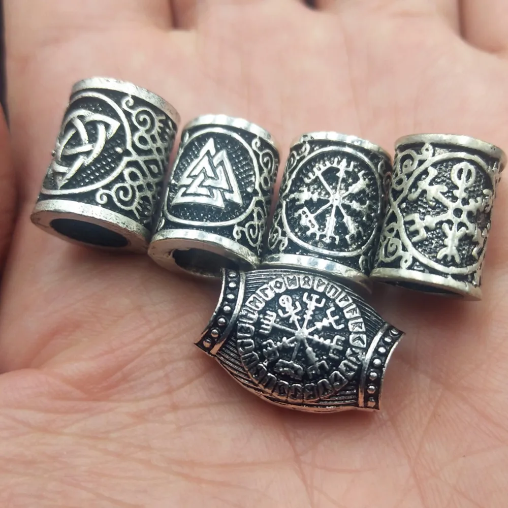 Viking Rune Hair Beard Valknut Vegvisir Compass snowflake Knot Trinity Charms for Beards Large Hole Bead Rune Bracelet DIY