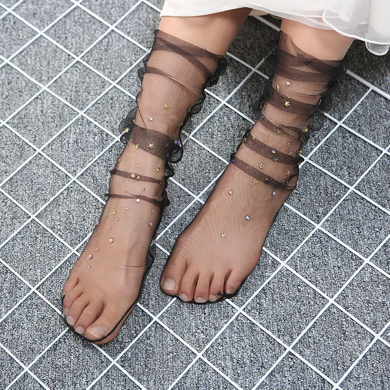 New Glitter Mesh Rhinestones Stars Women Socks Fashion Short Socks Harajuku Soft Ladies Funny Socks Transparent Elastic Hosiery