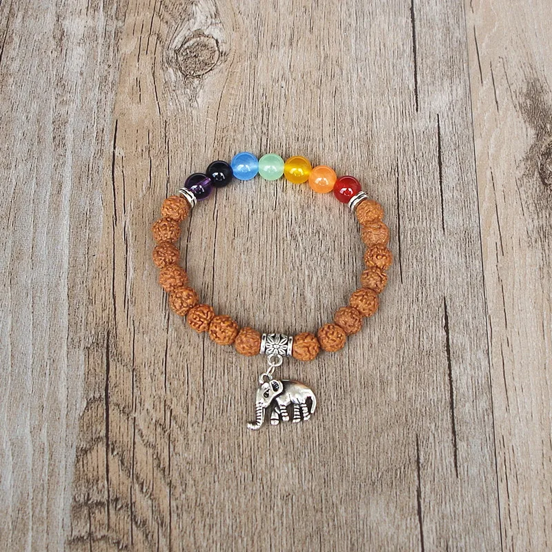 Handmade Original Rudraksha Elephant Mala Chakra Bracelet Yoga Healing Prayer Seven Chakra Charm Beaded Strand Bracelet