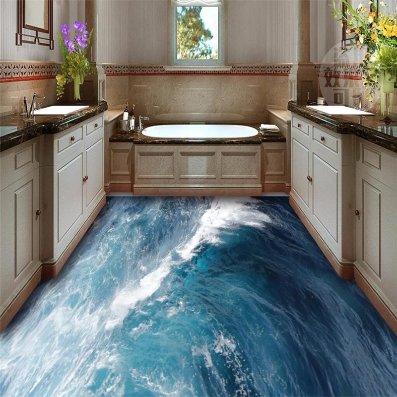 beibehang Custom wall paper floor painting mural Blue sea water ripple wear non-slip waterproof thicken self adhesive wallpaper