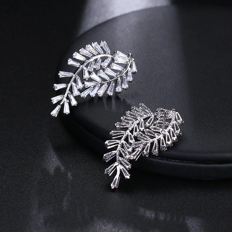 Emmaya Luxury Two Feather Leaf Climber Stud Earrings AAA Cubic Zirconia For Women Girls Wedding Party Gifts Jewelry