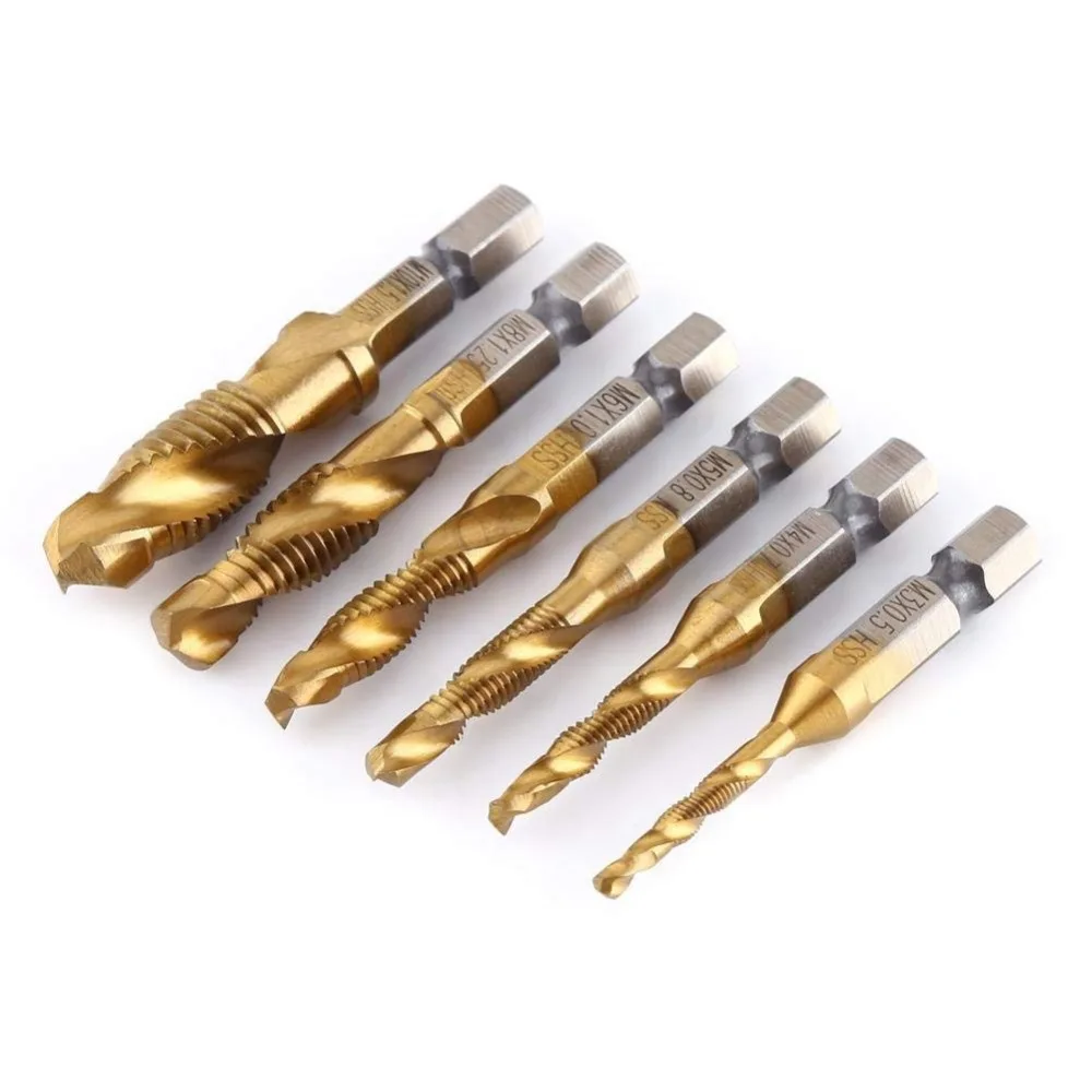 6PCS M3-M10 Screw Tap Drill Bits HSS Taps Woodworking Metric Combination Bit High Speed Steel Titanium 1/4