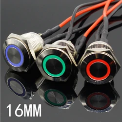 1PC 16mm 3V 5V 12V 220V Angel Eye Aluminum Metal LED Power NO Push Button Switch Self-reset Metal Switch Normally Open