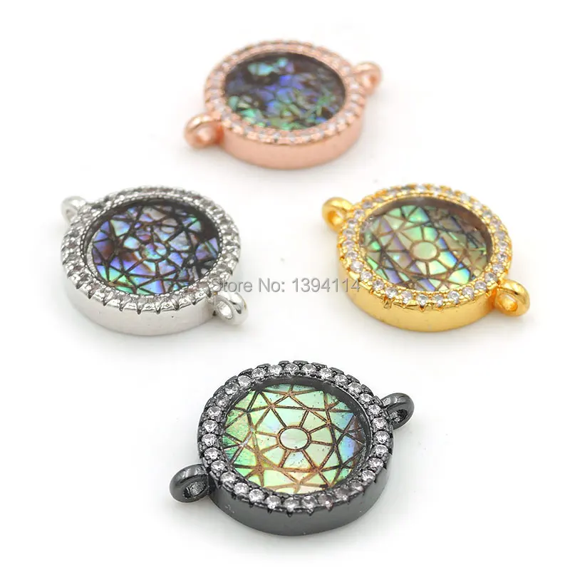 

17*13*3mm Micro Pave Clear CZ Gridding Abalone Shell Round Connector Fit For Women As DIY Bracelets Accessory