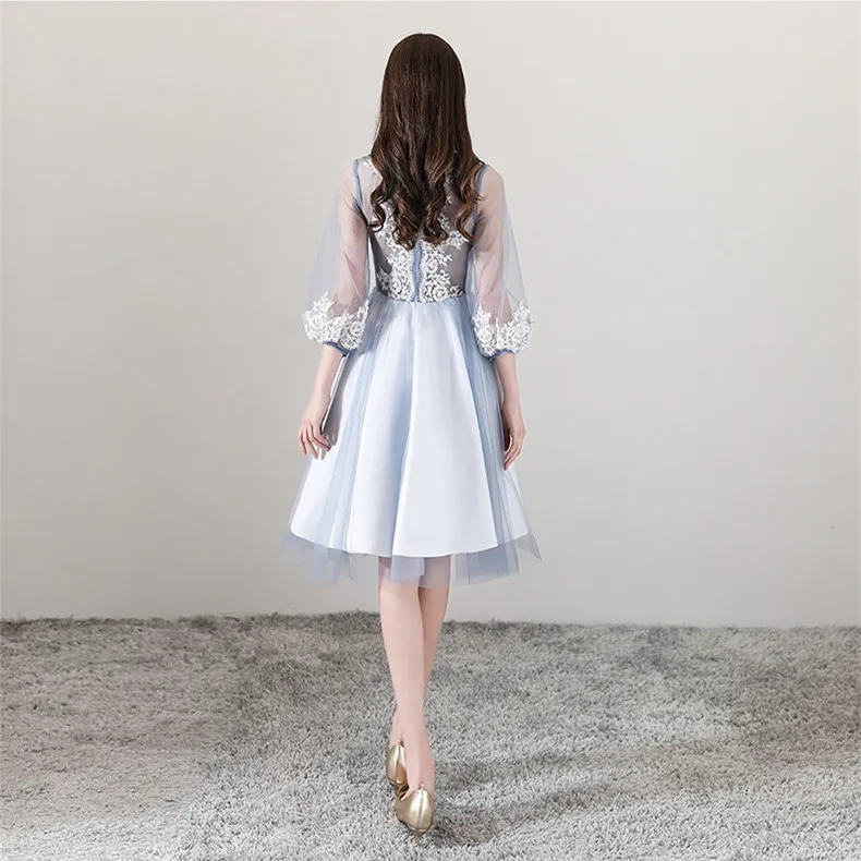 Janevin 빈티지 tulle 짧은 신부 들러리 드레스 높은 목 퍼프 슬리브 레이스 applique 환상 라인 무릎 길이 파티 파티 가운