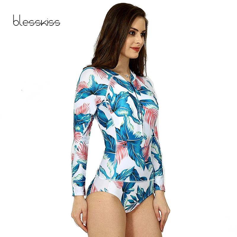 1 One Piece Swimsuit Women 2022 Plus Size Long Sleeve Zipper Swimwear Bathing Suit Print Floral Onepiece Swim Suit Surfing Wear