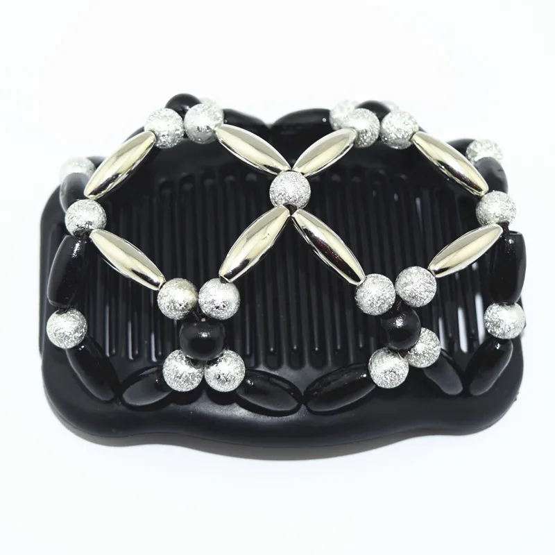 

60PCS/LOT Black and silver pearl beads comb woman fashion jewlery hot sale elastic beaded magic hair comb clips