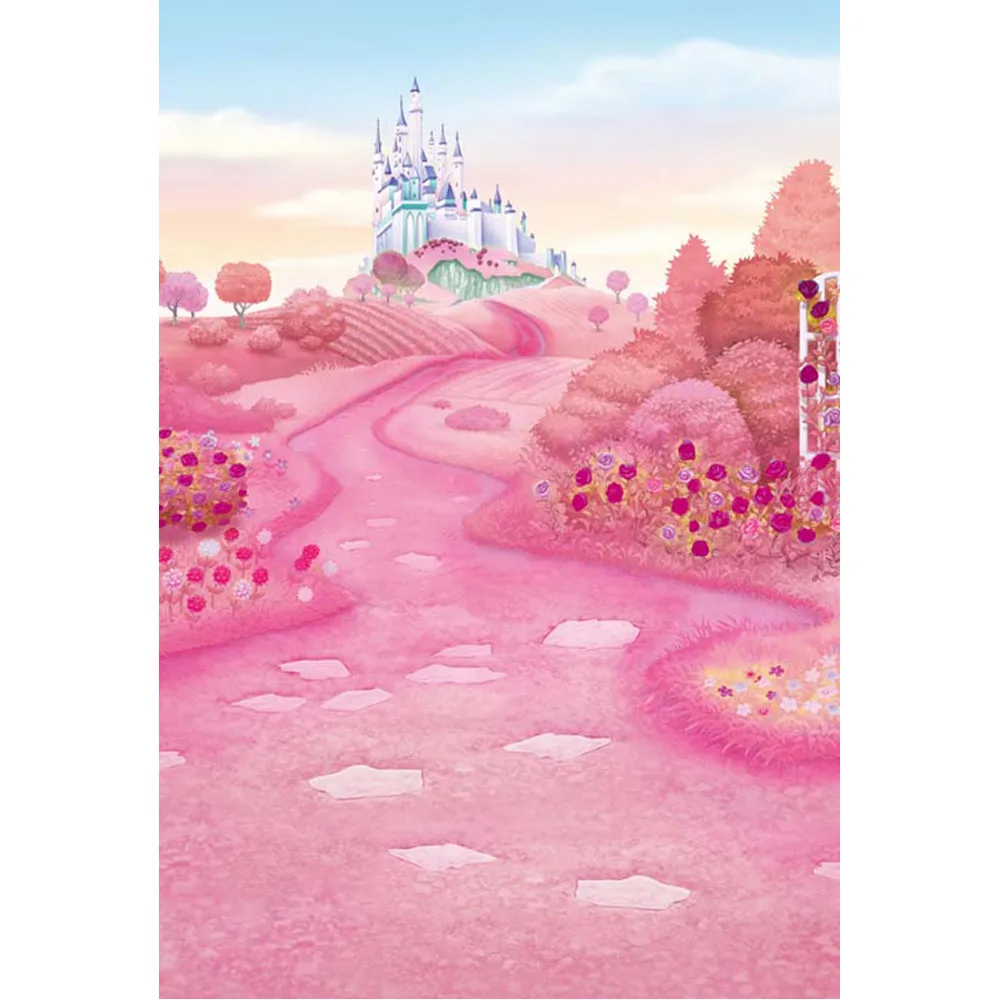 

Pink Fairy Tale Wonderland Princess Girl Castle Photography Backdrops Printed Flowers Trees Baby Kids Birthday Party Background