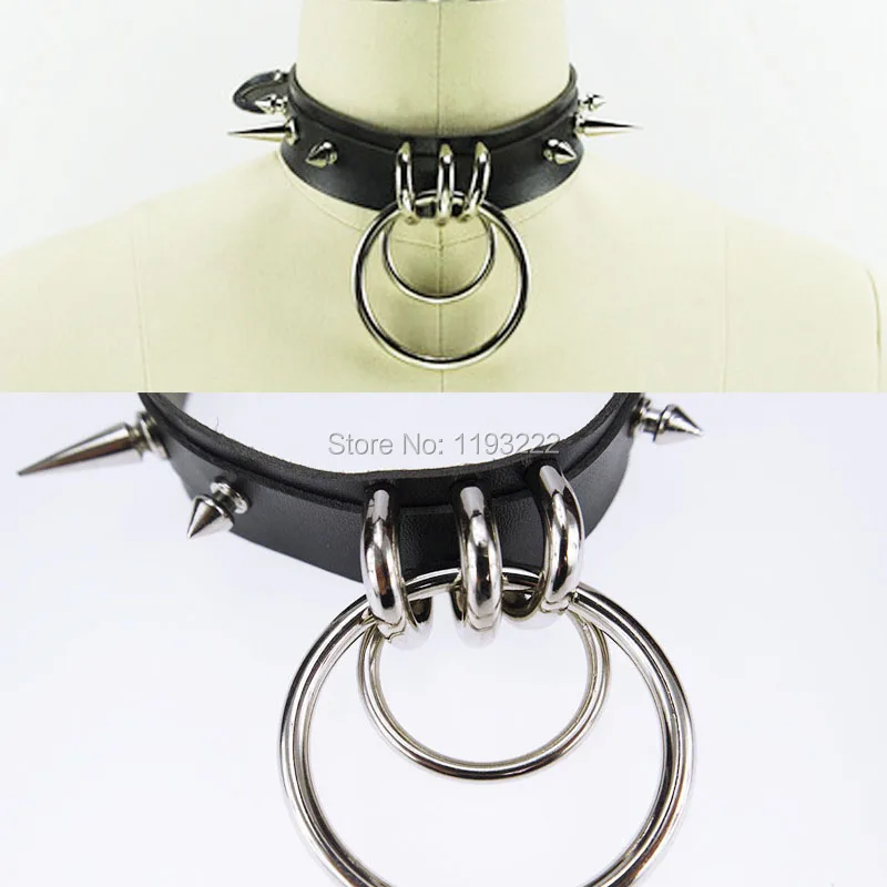 Punk Gothic Handcrafted Metal Double O Round Spiked Spikes Layered Leather Collar Choker Necklace