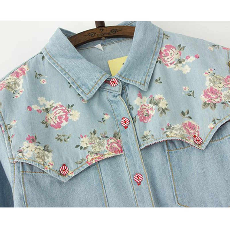 Autumn Denim Blouse Plus Size 4XL Women Loose Tops Flower Print Patchwork Jeans Blouses Long Sleeve Vintage Shirts Blusas AB327