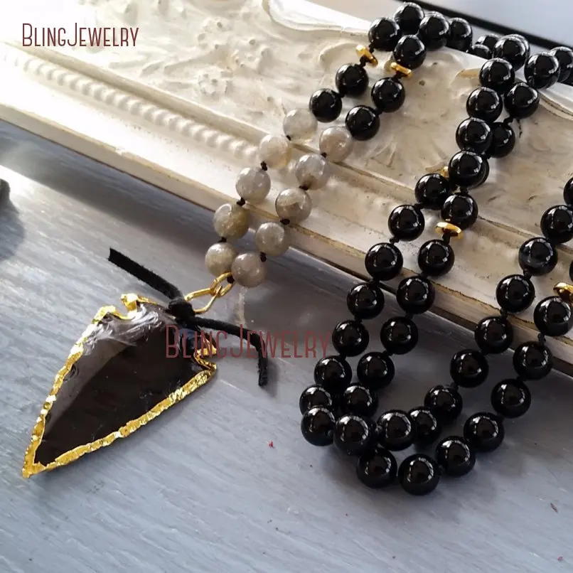 Boho Chic Knot Onyx Agates Beads Necklace Black Obsdian Arrowhead Pendant Charm  NM19417