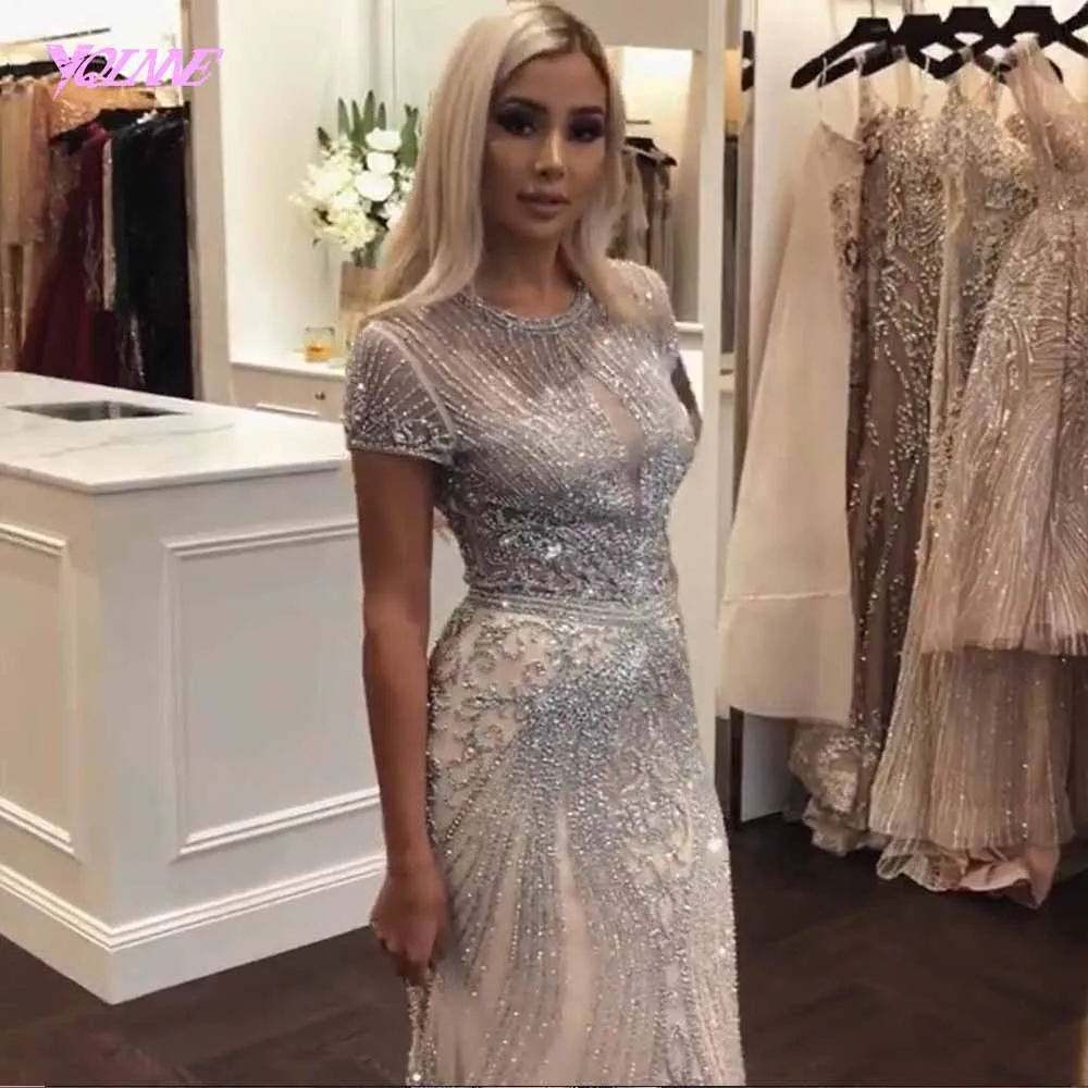 YQLNNE 2023 Luxury Rhinestones Nude Mermaid Evening Dress Long Evening Pageant Dresses Formal Gown robe de soiree