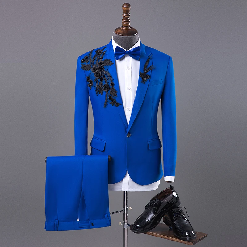 Men's Formal Suits Blue fashion Slim Blazers Group musical performance Costume Wedding Party Prom Host singer show Stage suit