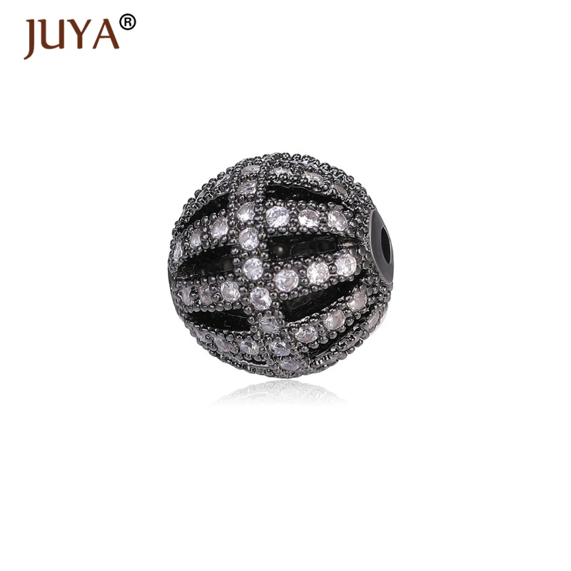 4pcs Wholesale Jewelry lots Spacer Beads Accessories DIY Bracelets 10mm Round Hollow Ball Beads copper metal Inlay CZ rhinestone