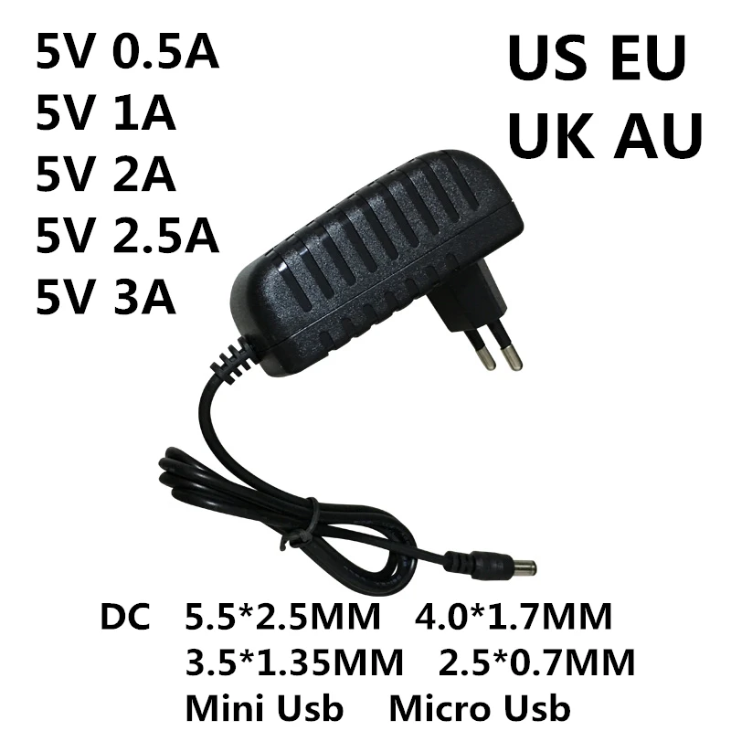 Gleichstrom 5 V 0,5 A 0,8 A 1A 2A 2,5 A 3A Wechselstrom 240V Wandler Netzteil Versorgung 5 V Volt 5.5 mA Ladegerät 2,5 * mm Typ C Mini Micro USB