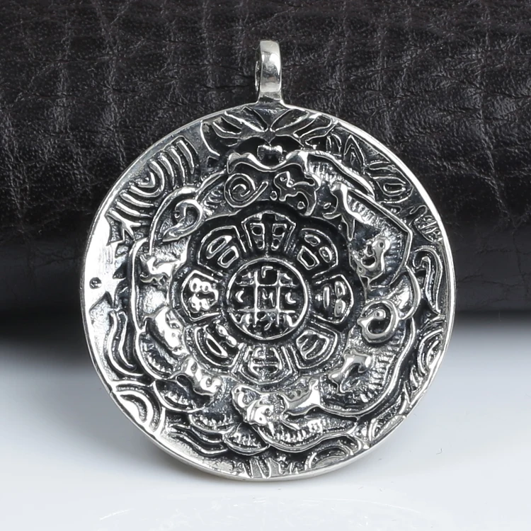 Handmade 925 Silver Tibetan Nine Direction Eight Symbols Amulet Sterling Silver Buddhist Pendant Tibetan Pendant