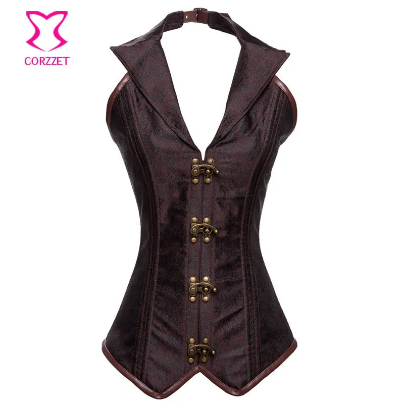 Brown Halter Collar Steel Boned Waist Trainer Corset Steampunk Corsets Gothic Clothing Korsett For Women Espartilhos E Corpetes