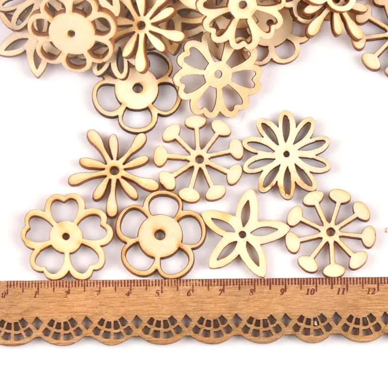 25Pcs Mix Flower Pattern Unfinished Wood Slices DIY Crafts Home Decoration Scrapbooking Wooden Ornament Accessories 30mm m1781