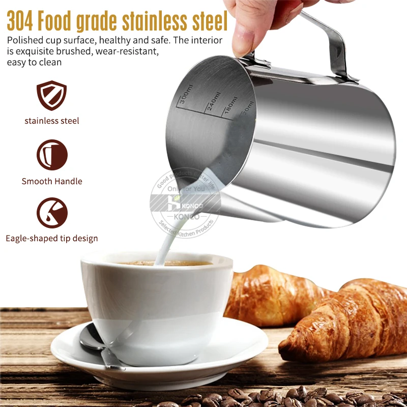 KONCO Inner Scale Espresso Coffee Milk Frothing Pitcher Stainless Steel Creamer Macchiato Cappuccino Latte Art Maker Pitcher Cup