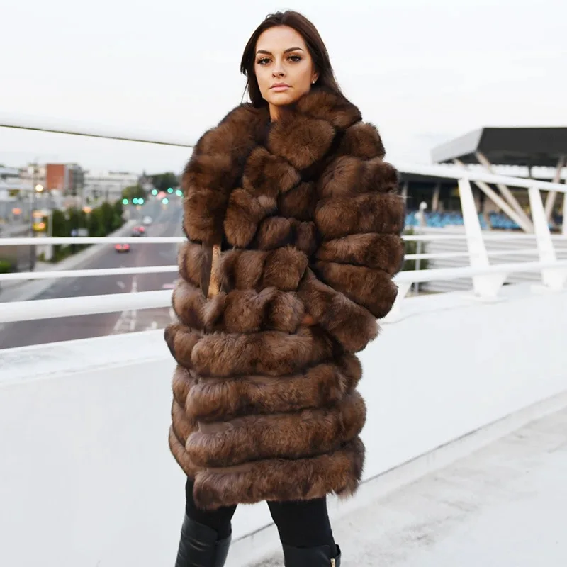 Suit collar Winter Real  Fox Fur Coat Thick Warm Imitation Sables Women\'s Light Brown Long Jacket The fox fur Coat