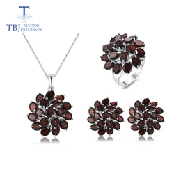 TBJ,natural mozambique garnet gemstone jewelry set 925 sterling silver nice flower design pendant earring and ring for women