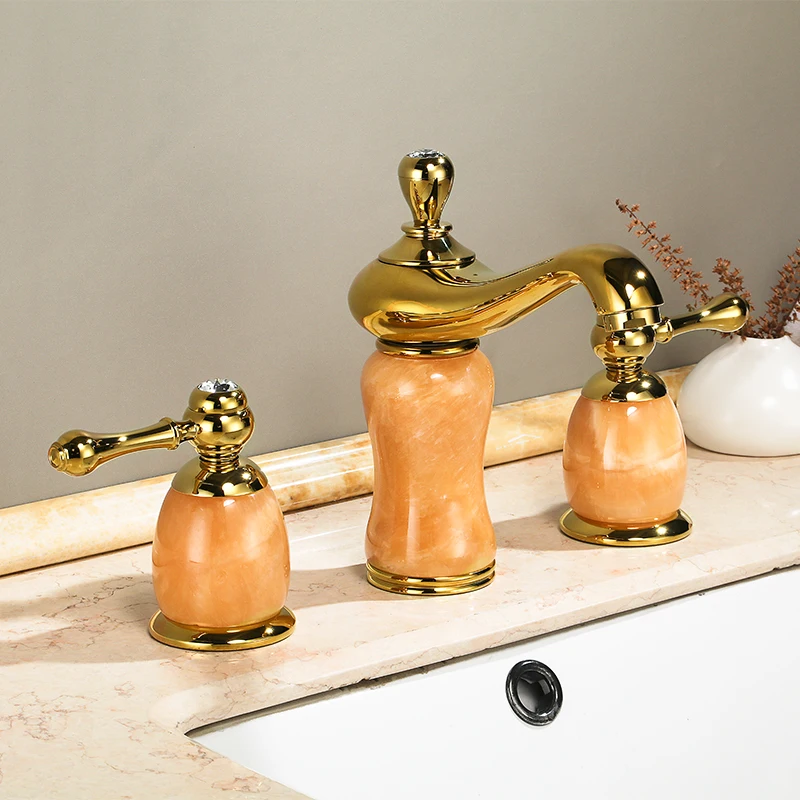 

Luxury Gold Brass Natural jade Bathroom Sink Faucet Golden Art Basin Mixer Taps Three holes Lavatory Faucet,Gold Finish--SM518