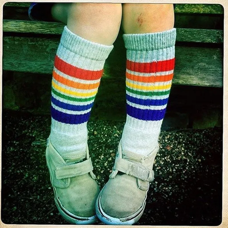 Rainbow Kids Knee High Socks Cotton Long Student School Socks Girls Boys Striped Socks White Family Sox Thick Children Footwear