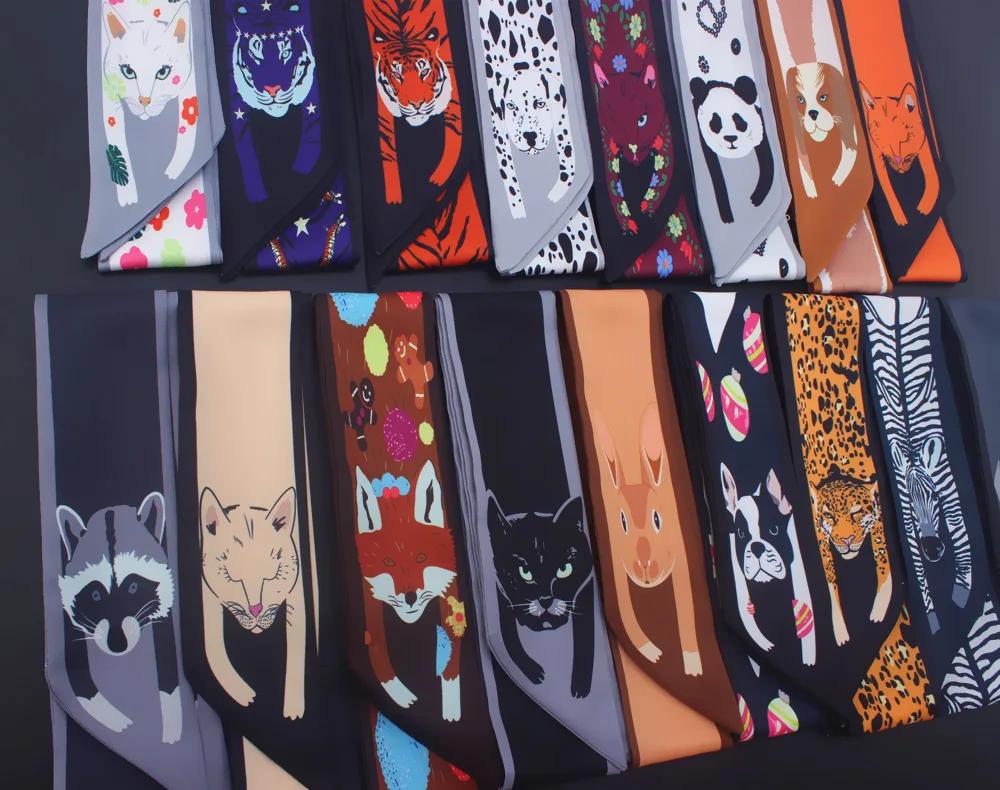 2024 new animal series Scarf Print Women Silk Scarf Fashion Head Scarf Brand Small Tie Handle Bag Ribbons Small Long Scarves