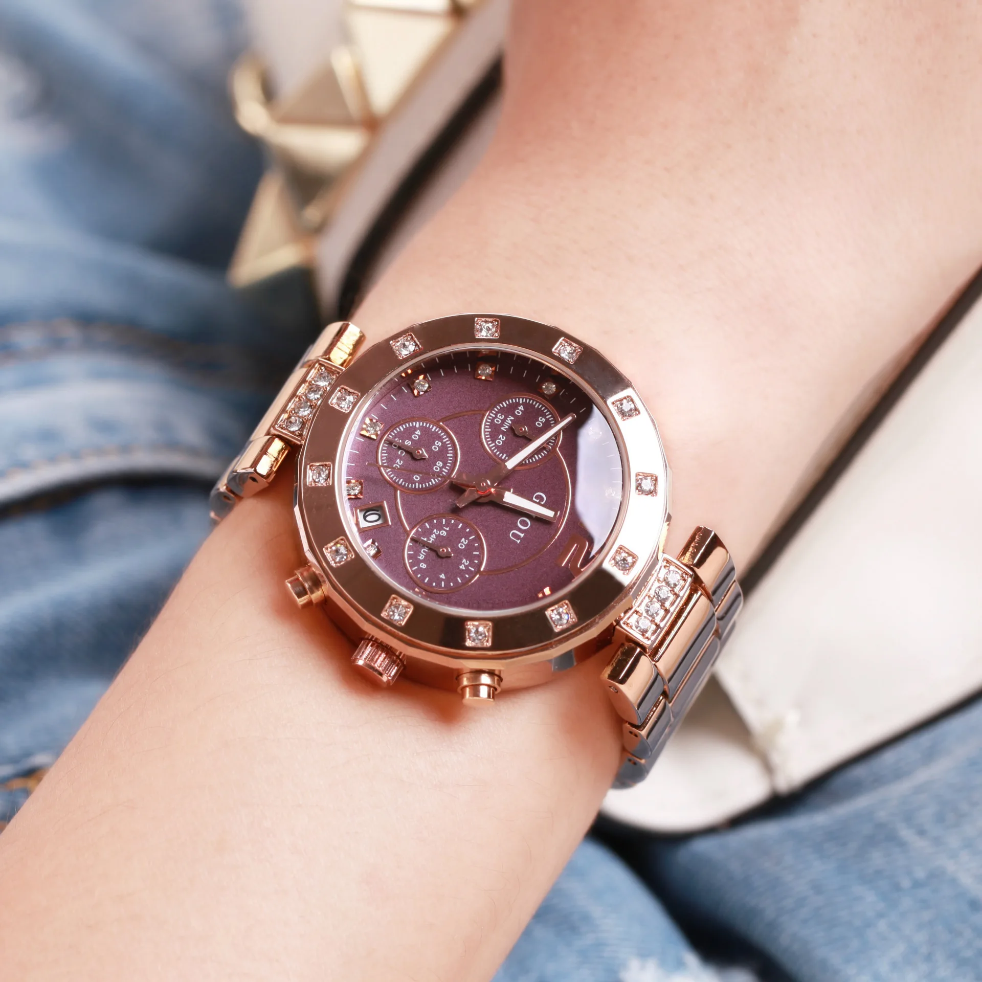 

Guou Fashion Top Brand Luxury Rose Gold Steel Women's Watches Ladies Watch Calendar Clock Real 3 Eyes Relogio Feminino Saat