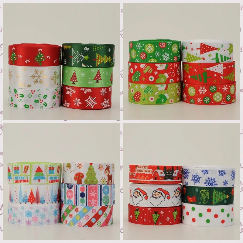 NEW 12 yards fixed set 22/25mm mix 6 style Christmas pattern printed grosgrain/satin ribbon,each is 2 yards